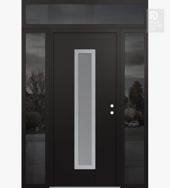 Modern Steel Front Door DIAMOND A11 68" X 96" BLACK/WHITE FROSTED GLASS PANEL STAINLESS STEEL LHI WITH 2 SIDELITES AND TRANSOM MIRRORED GLASS