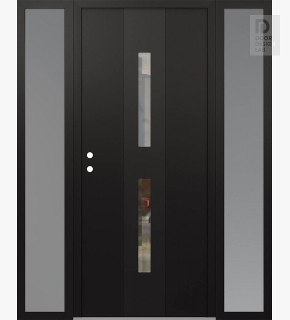 Modern Steel Front Door DIAMOND A6 60" X 80" BLACK/BLACK CLEAR GLASS PANEL BLACK RHI WITH 2 SIDELITES FROSTED GLASS