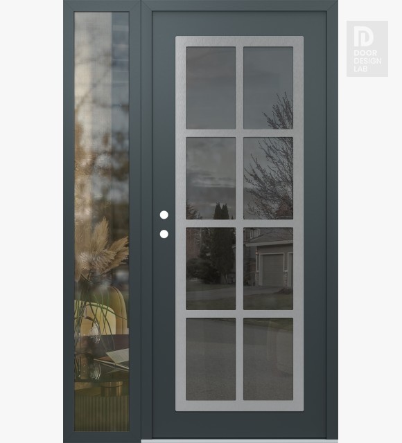 Modern Steel Front Door Diamond C16 52" x 80" anthracite/anthracite mirrored Glass Panel stainless steel RHI with Sidelite clear Glass