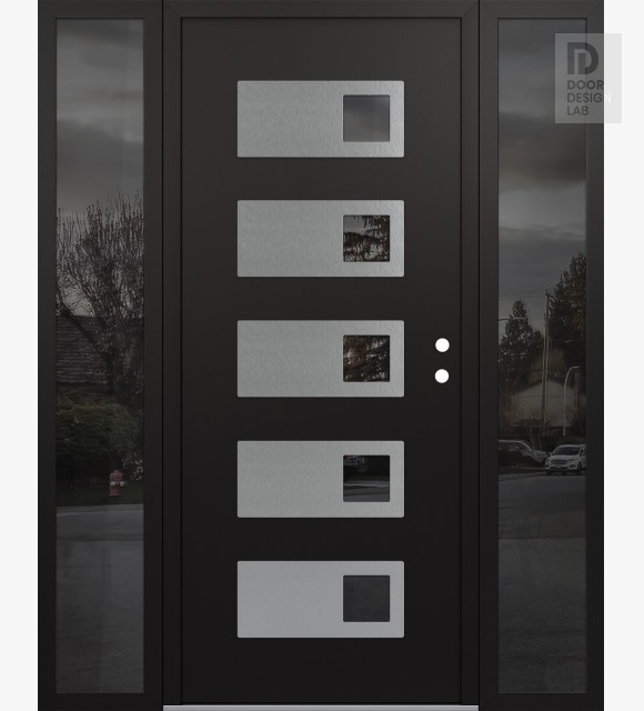 Modern Steel Front Door Diamond D2 68" x 80" black/black mirrored Glass Panel stainless steel LHI with 2 Sidelites mirrored Glass