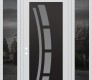 Modern Steel Front Door Diamond C12 64" x 96" white/white frosted Glass Panel black RHI with 2 Sidelites and Transom mirrored Glass