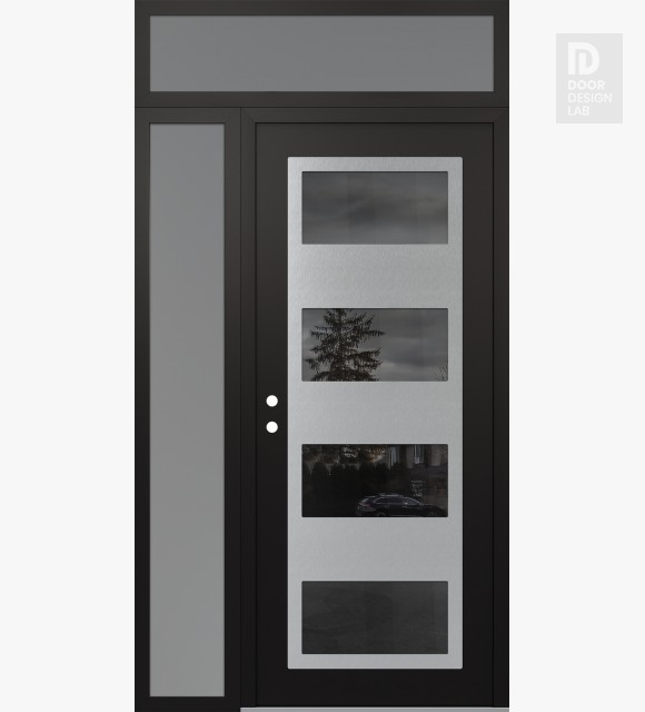 Modern Steel Front Door Diamond C2 48" x 96" black/black mirrored Glass Panel stainless steel RHI with Sidelite and Transom frosted Glass