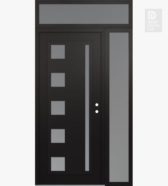 Modern Steel Front Door Diamond C3 52" x 96" black/white frosted Glass Panel black LHI with Sidelite and Transom frosted Glass