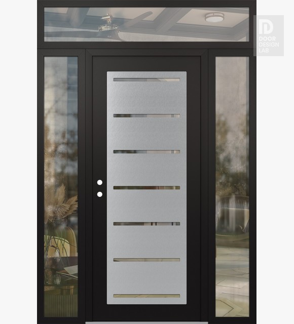 Modern Steel Front Door Diamond C11 64" x 96" black/black clear Glass Panel stainless steel RHI with 2 Sidelites and Transom clear Glass