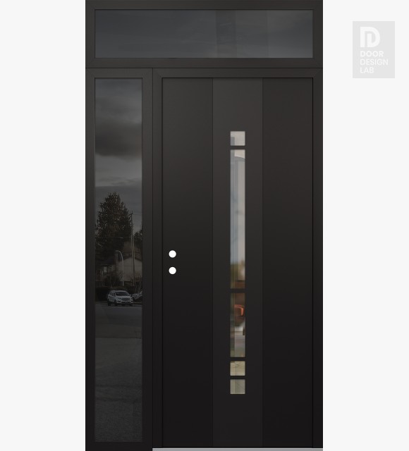 Modern Steel Front Door DIAMOND A3 50" X 96" BLACK/BLACK CLEAR GLASS PANEL BLACK RHI WITH SIDELITE AND TRANSOM MIRRORED GLASS
