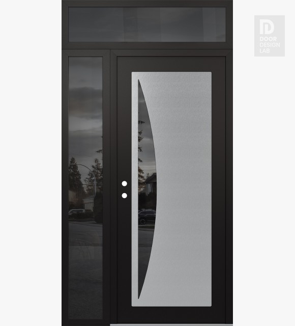 Modern Steel Front Door Diamond C13 50" x 96" black/black mirrored Glass Panel stainless steel RHI with Sidelite and Transom mirrored Glass