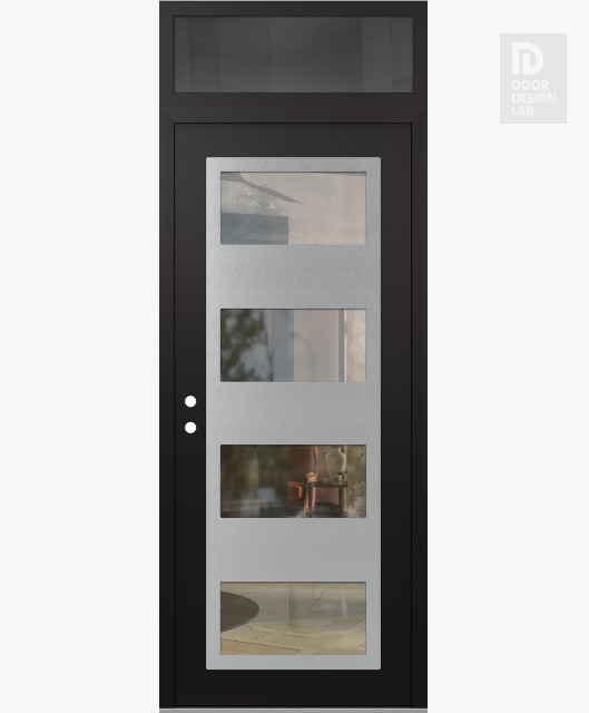 Modern Steel Front Door Diamond C2 36" x 96" black/black clear Glass Panel stainless steel RHI with Transom mirrored Glass