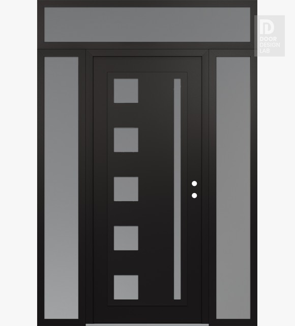 Modern Steel Front Door Diamond C3 60" x 96" black/white frosted Glass Panel black LHI with 2 Sidelites and Transom frosted Glass