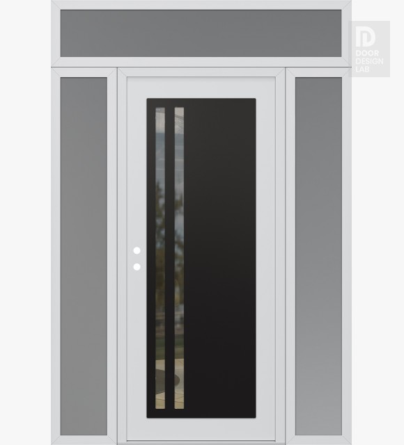 Modern Steel Front Door Diamond C6 64" x 96" white/white clear Glass Panel black RHI with 2 Sidelites and Transom frosted Glass