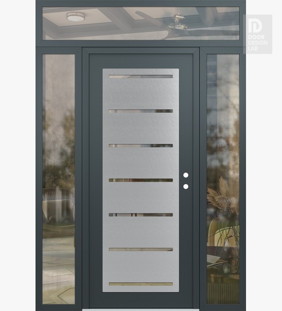 Modern Steel Front Door Diamond C11 60" x 96" anthracite/anthracite clear Glass Panel stainless steel LHI with 2 Sidelites and Transom clear Glass