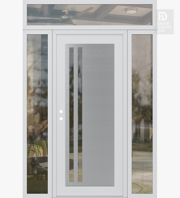 Modern Steel Front Door Diamond C6 60" x 96" white/white clear Glass Panel stainless steel RHI with 2 Sidelites and Transom clear Glass