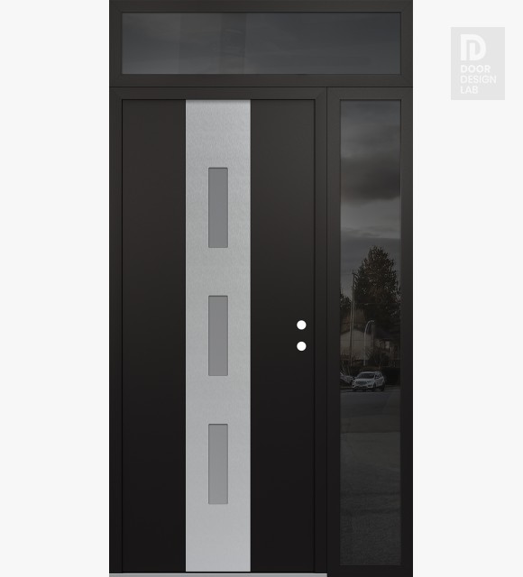 Modern Steel Front Door DIAMOND A7 48" X 96" BLACK/WHITE FROSTED GLASS PANEL STAINLESS STEEL LHI WITH SIDELITE AND TRANSOM MIRRORED GLASS