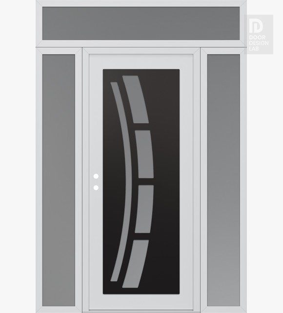 Modern Steel Front Door Diamond C12 60" x 96" white/white frosted Glass Panel black RHI with 2 Sidelites and Transom frosted Glass