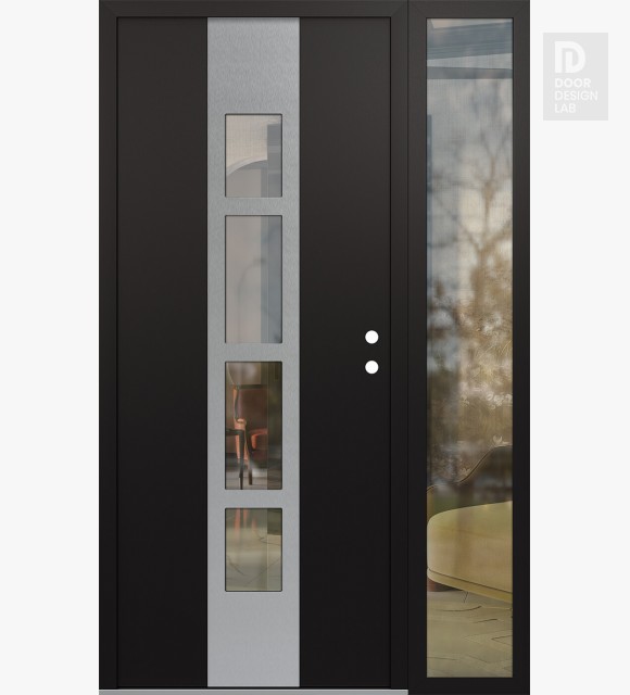 Modern Steel Front Door DIAMOND A10 48" X 80" BLACK/BLACK CLEAR GLASS PANEL STAINLESS STEEL LHI WITH SIDELITE CLEAR GLASS