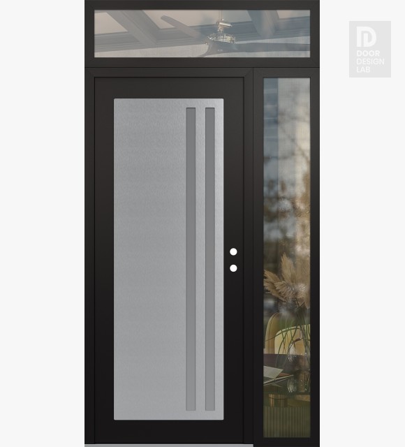 Modern Steel Front Door Diamond C6 50" x 96" black/white frosted Glass Panel stainless steel LHI with Sidelite and Transom clear Glass