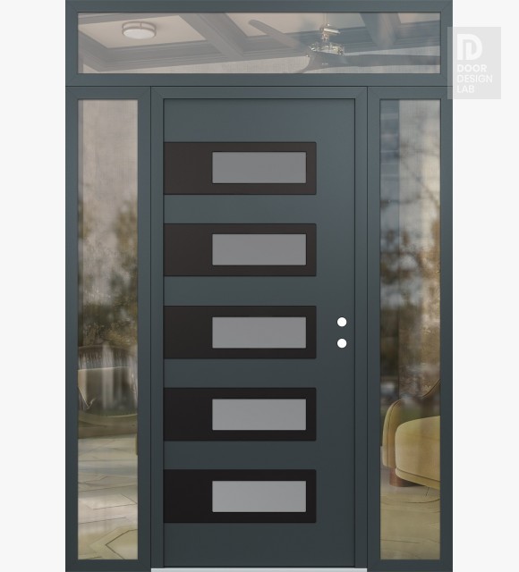 Modern Steel Front Door Diamond D3 64" x 96" anthracite/anthracite frosted Glass Panel black LHI with 2 Sidelites and Transom clear Glass