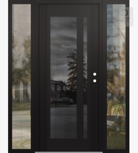 Modern Steel Front Door Diamond C15 60" x 80" black/black mirrored Glass Panel black LHI with 2 Sidelites clear Glass