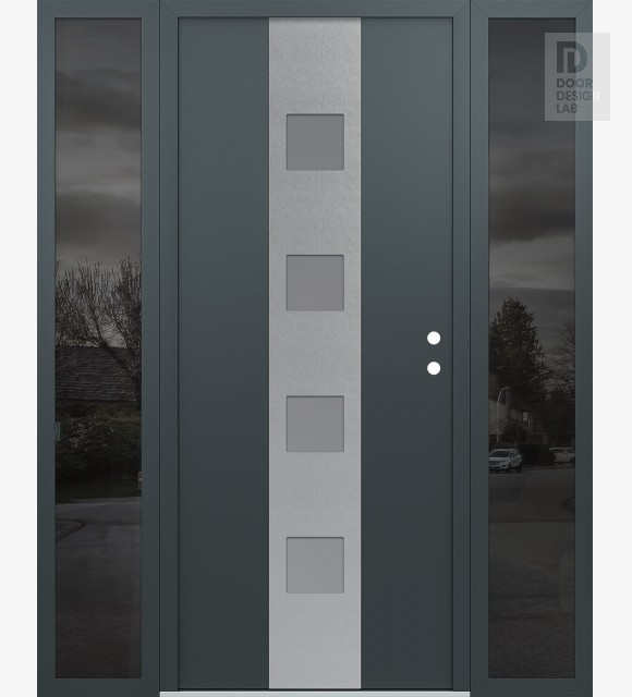 Modern Steel Front Door DIAMOND A12 64" X 80" ANTHRACITE/ANTHRACITE FROSTED GLASS PANEL STAINLESS STEEL LHI WITH 2 SIDELITES MIRRORED GLASS