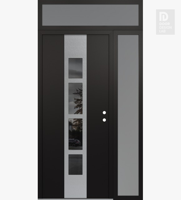 Modern Steel Front Door DIAMOND A10 48" X 96" BLACK/BLACK MIRRORED GLASS PANEL STAINLESS STEEL LHI WITH SIDELITE AND TRANSOM FROSTED GLASS