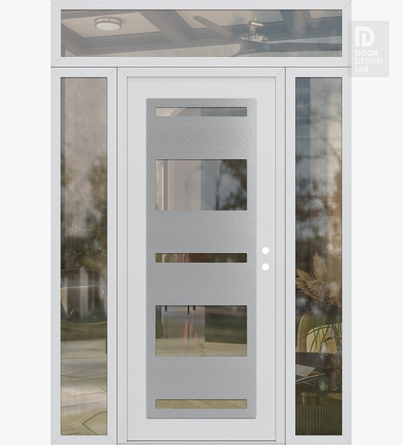 Modern Steel Front Door Diamond C10 60" x 96" white/white clear Glass Panel stainless steel LHI with 2 Sidelites and Transom clear Glass