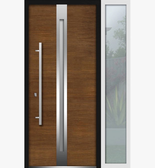 Front Exterior Prehung Steel Door / Deux 1744 Natural Oak / Side Exterior White Window /  Stainless Inserts Single Modern Painted-W36+12" x H80"-Right-hand Inswing