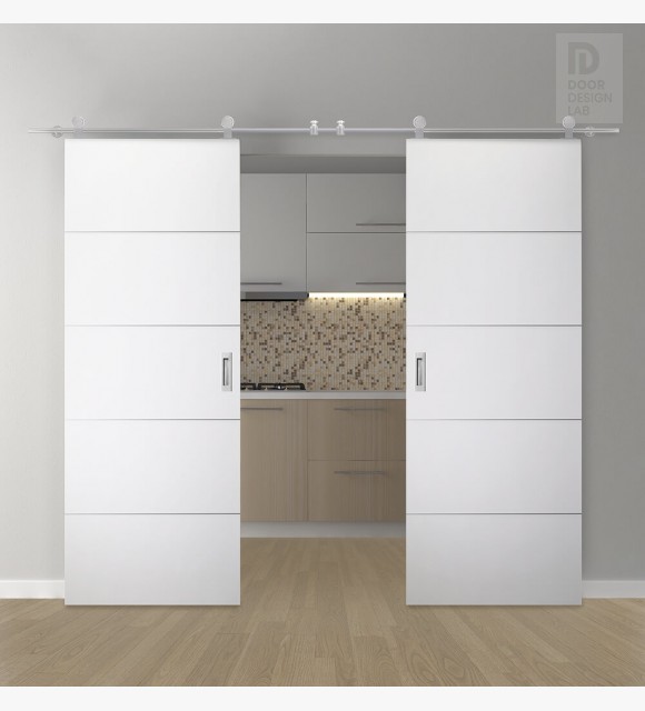 DOUBLE BARN DOOR OPTIMA 4H SNOW WHITE 60" X 96" X 1 3/4" SOLID CORE STAINLESS STEEL HARDWARE