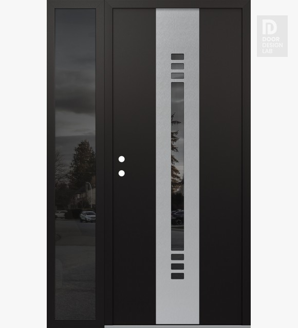 Modern Steel Front Door DIAMOND A5 48" X 80" BLACK/BLACK MIRRORED GLASS PANEL STAINLESS STEEL RHI WITH SIDELITE MIRRORED GLASS