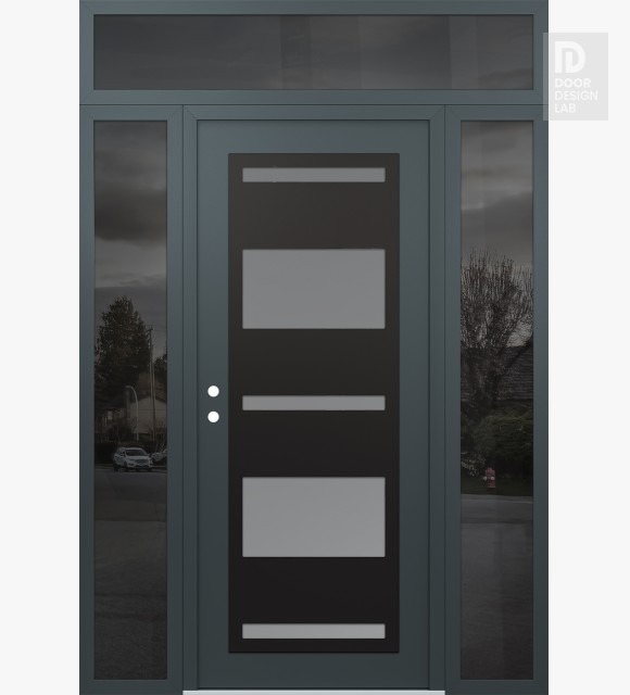 Modern Steel Front Door Diamond C10 68" x 96" anthracite/anthracite frosted Glass Panel black RHI with 2 Sidelites and Transom mirrored Glass