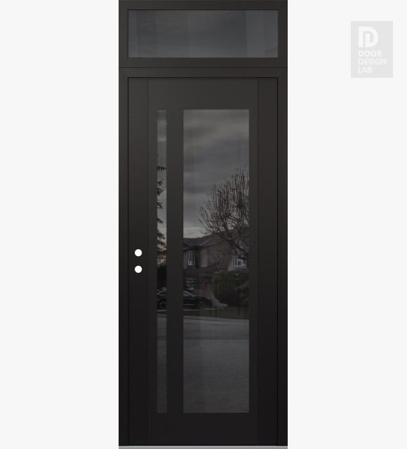Modern Steel Front Door Diamond C15 36" x 96" black/black mirrored Glass Panel black RHI with Transom mirrored Glass