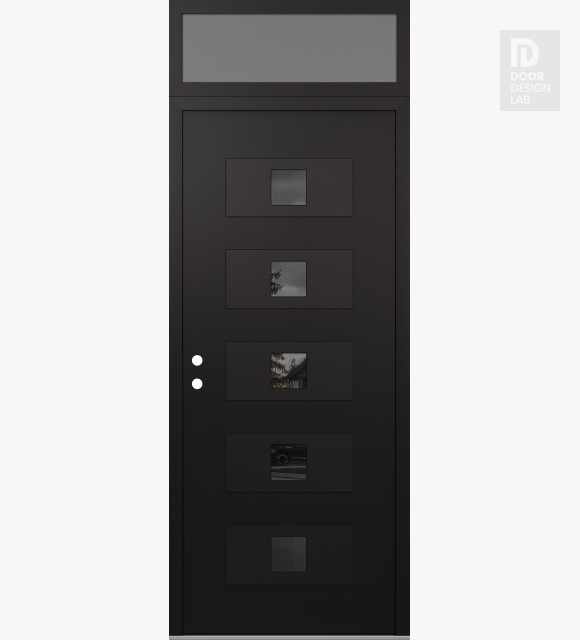 Modern Steel Front Door Diamond D8 36" x 96" black/black mirrored Glass Panel black RHI with Transom frosted Glass