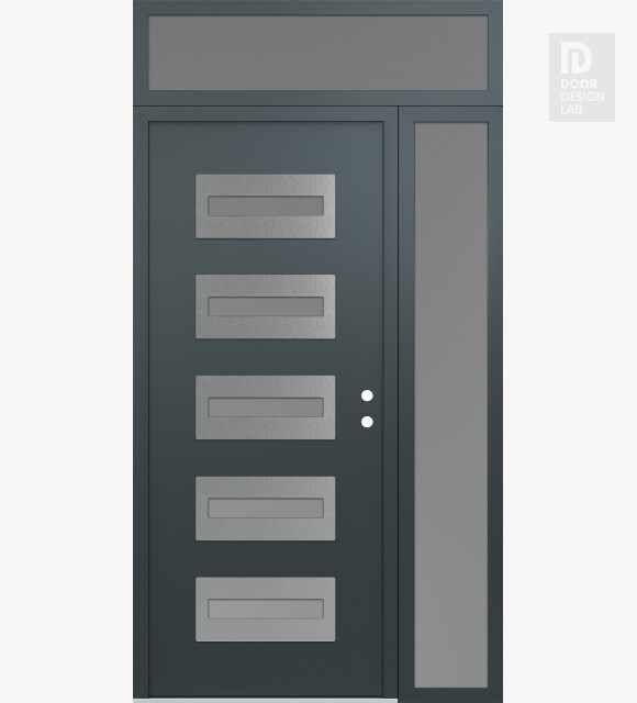 Modern Steel Front Door Diamond D4 52" x 96" anthracite/anthracite frosted Glass Panel stainless steel LHI with Sidelite and Transom frosted Glass