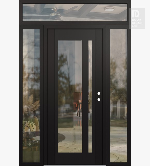 Modern Steel Front Door Diamond C15 68" x 96" black/black clear Glass Panel black LHI with 2 Sidelites and Transom clear Glass