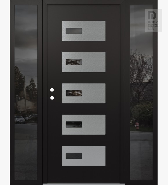 Modern Steel Front Door Diamond D7 68" x 80" black/black mirrored Glass Panel stainless steel RHI with 2 Sidelites mirrored Glass