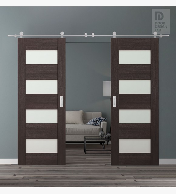 DOUBLE BARN DOOR AVON 07-08 VETRO VERALINGA OAK 72" X 96" X 1 3/4" STAINLESS STEEL HARDWARE