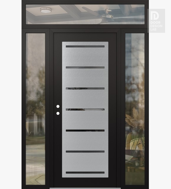 Modern Steel Front Door Diamond C11 64" x 96" black/black mirrored Glass Panel stainless steel RHI with 2 Sidelites and Transom clear Glass