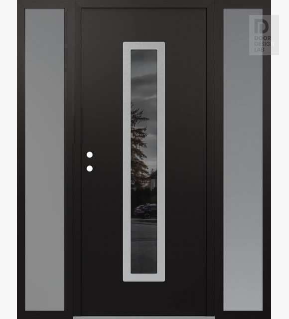 Modern Steel Front Door DIAMOND A11 68" X 80" BLACK/BLACK MIRRORED GLASS PANEL STAINLESS STEEL RHI WITH 2 SIDELITES FROSTED GLASS