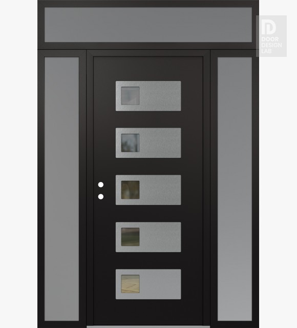Modern Steel Front Door Diamond D2 60" x 96" black/black clear Glass Panel stainless steel RHI with 2 Sidelites and Transom frosted Glass