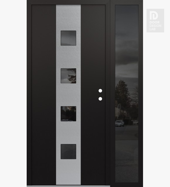 Modern Steel Front Door DIAMOND A12 52" X 80" BLACK/BLACK MIRRORED GLASS PANEL STAINLESS STEEL LHI WITH SIDELITE MIRRORED GLASS
