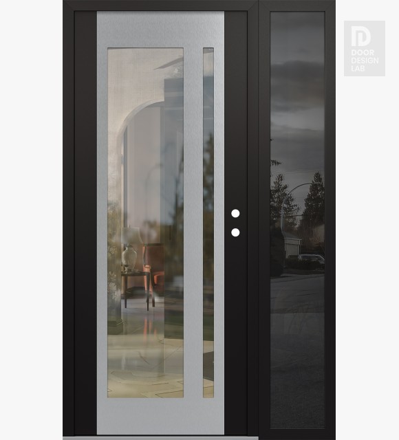 Modern Steel Front Door Diamond C15 50" x 80" black/black clear Glass Panel stainless steel LHI with Sidelite mirrored Glass