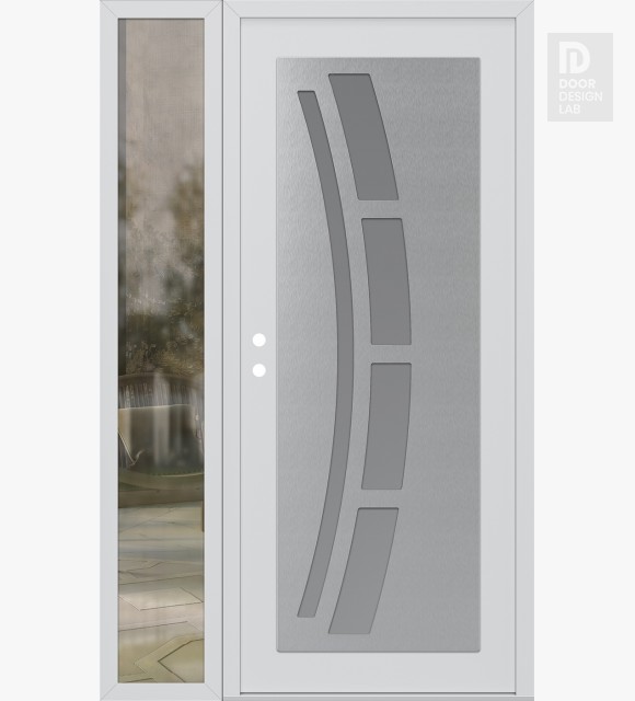 Modern Steel Front Door Diamond C12 50" x 80" white/white frosted Glass Panel stainless steel RHI with Sidelite clear Glass