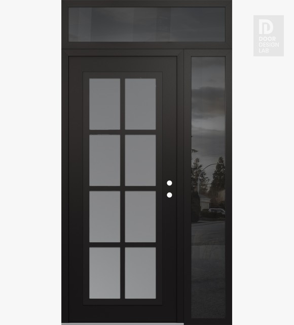 Modern Steel Front Door Diamond C16 50" x 96" black/white frosted Glass Panel black LHI with Sidelite and Transom mirrored Glass
