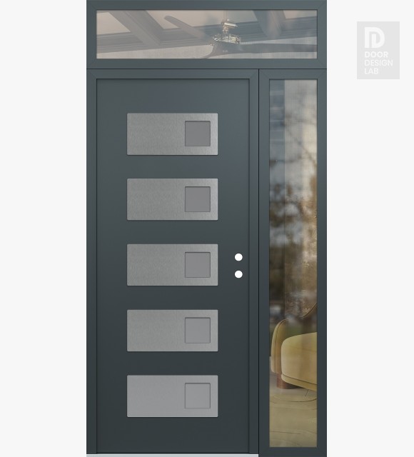 Modern Steel Front Door Diamond D2 48" x 96" anthracite/anthracite frosted Glass Panel stainless steel LHI with Sidelite and Transom clear Glass