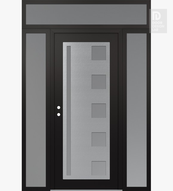 Modern Steel Front Door Diamond C3 60" x 96" black/white frosted Glass Panel stainless steel RHI with 2 Sidelites and Transom frosted Glass
