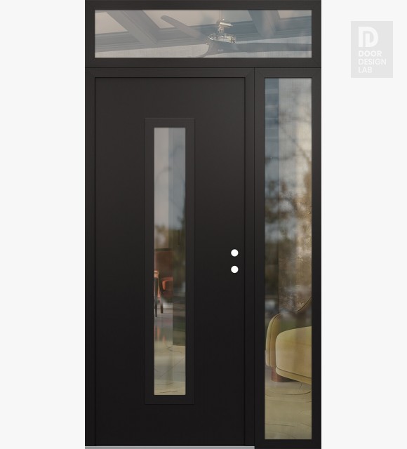 Modern Steel Front Door DIAMOND A11 50" X 96" BLACK/BLACK CLEAR GLASS PANEL BLACK LHI WITH SIDELITE AND TRANSOM CLEAR GLASS