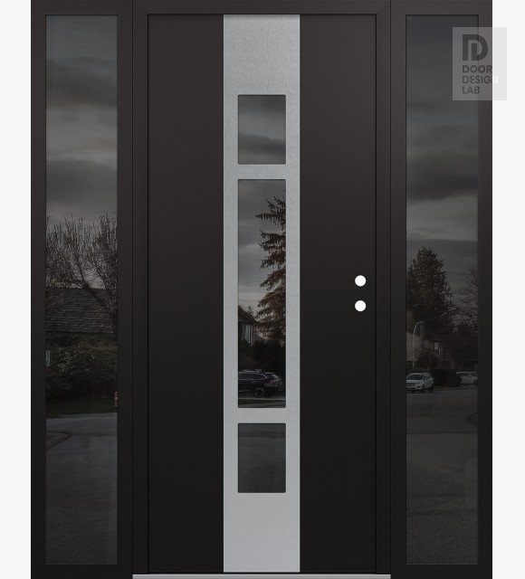 Modern Steel Front Door DIAMOND A9 68" X 80" BLACK/BLACK MIRRORED GLASS PANEL STAINLESS STEEL LHI WITH 2 SIDELITES MIRRORED GLASS