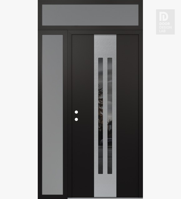 Modern Steel Front Door DIAMOND A8 48" X 96" BLACK/BLACK MIRRORED GLASS PANEL STAINLESS STEEL RHI WITH SIDELITE AND TRANSOM FROSTED GLASS
