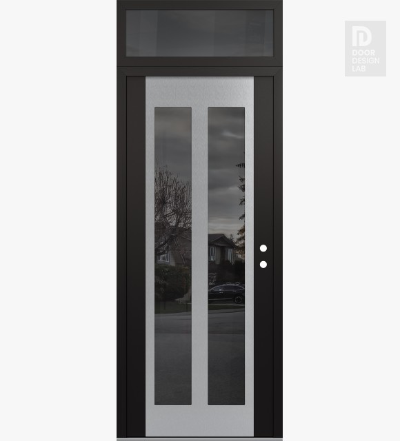 Modern Steel Front Door Diamond C14 36" x 96" black/black mirrored Glass Panel stainless steel LHI with Transom mirrored Glass
