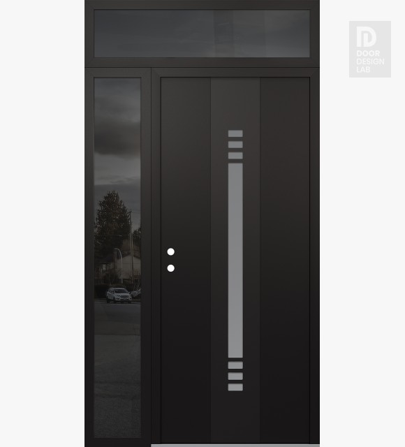 Modern Steel Front Door DIAMOND A5 50" X 96" BLACK/WHITE FROSTED GLASS PANEL BLACK RHI WITH SIDELITE AND TRANSOM MIRRORED GLASS