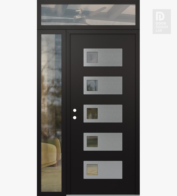 Modern Steel Front Door Diamond D2 48" x 96" black/black clear Glass Panel stainless steel RHI with Sidelite and Transom clear Glass