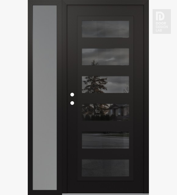 Modern Steel Front Door Diamond C9 50" x 80" black/black mirrored Glass Panel black RHI with Sidelite frosted Glass